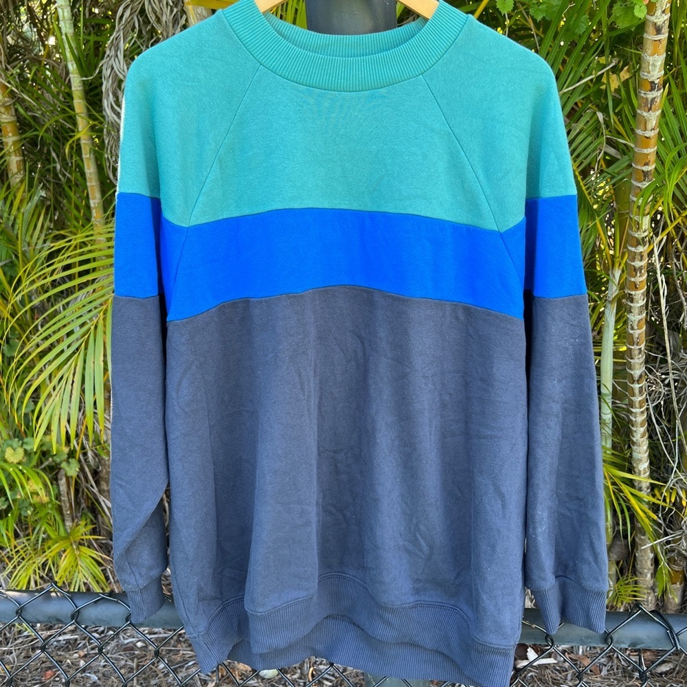 American Eagle Blue Green Oversize Long Jegging Sweatshirt Striped Fleece Medium